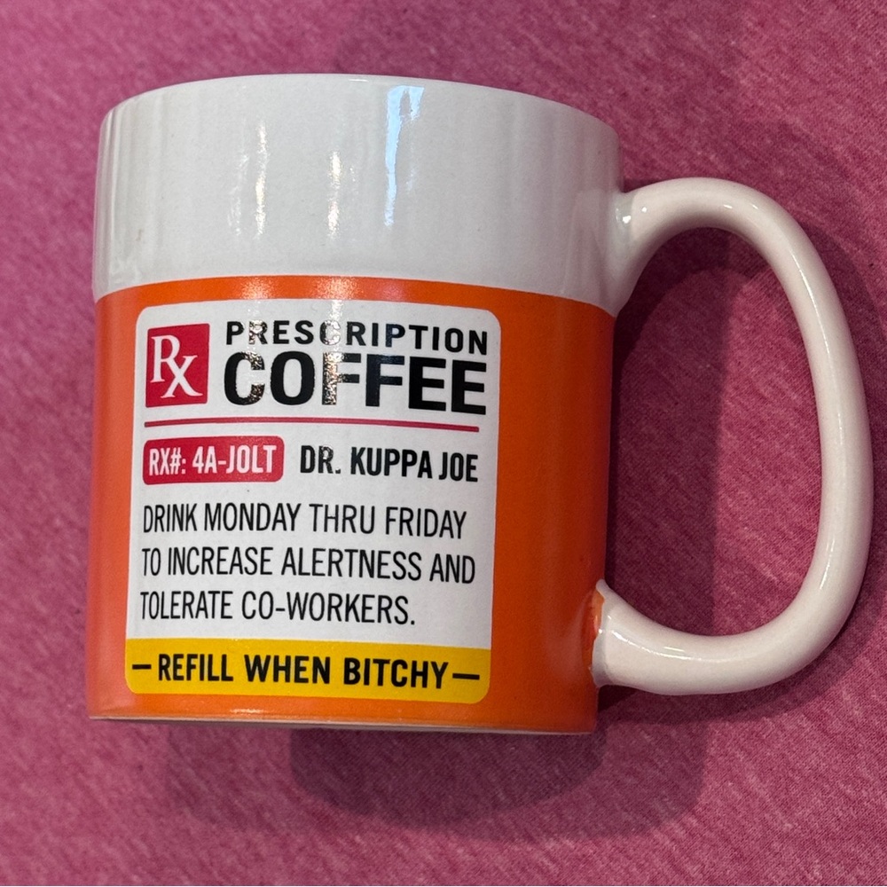 Spencer Gifts: RX  Prescription Coffee Tea/Mug Dr. Kuppa Joe in Orange  White
